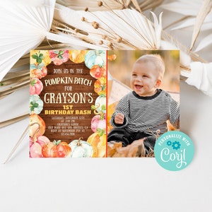 May include: A personalized invitation for a first birthday celebration. The design features a smiling baby in a striped shirt, a pumpkin patch theme, and the text "Join us in the Pumpkin Patch for Grayson's 1st Birthday Bash."