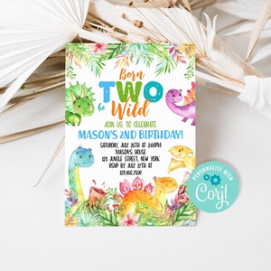 Editable Dinosaur Born Two Be Wild Birthday Invitation, Dino 2nd Birthday Party Invite Template