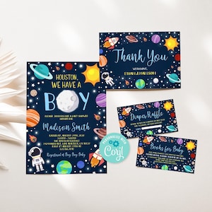 Editable Space Boy Baby Shower Invitation Set, Planets Astronaut Solar System Baby Shower Bundle, Diaper Raffle Card, Book Request Card