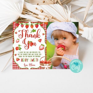 Strawberry Thank You Card with Photo, Berry Sweet Birthday Party Decorations Editable Template