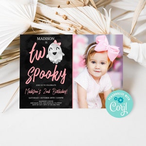 Editable Two Spooky Halloween Birthday Invitation, Girl Ghost 2nd Birthday Party Invite, Pink Ghost Spooktacular Party Invitation Template