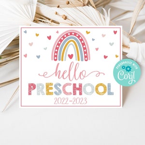 Hello Preschool Sign, Boho Rainbow First Day of Preschool, Editable Back to School Sign