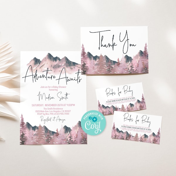 Adventure Awaits Girl Baby Shower Bundle, Pink Mountains Baby Shower Invitation, Woodland Diaper Raffle, Mountain Book Request Template