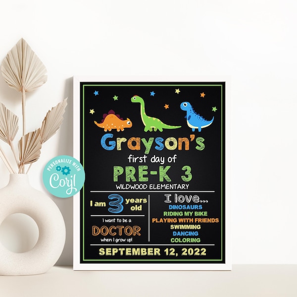 Dinosaurs First Day of Pre-K Chalkboard Sign, Editable Boy Back to School Sign Template, Any Grade