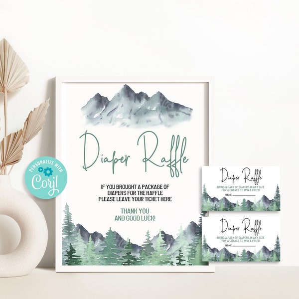 Editable Adventure Awaits Diaper Raffle Sign, Mountains Diaper Raffle Card, Woodland Baby Shower Party Decor Template