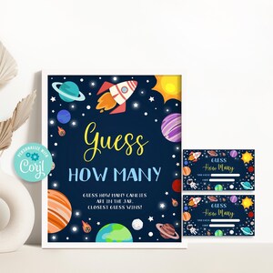 Editable Outer Space Guess How Many Game, Planets Astronaut Guess How Many Sign, Galaxy Solar System Baby Shower Activity