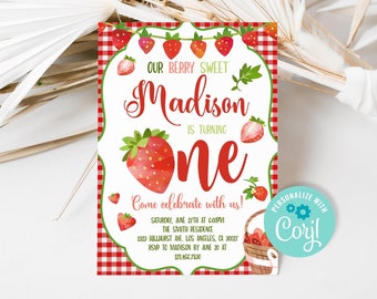 Puede incluir: Una invitación con estampado de cuadros vichy rojo y blanco con temática de fresa. La invitación dice "Our Berry Sweet Madison is turning one" e incluye detalles para una fiesta de cumpleaños. La invitación está personalizada con el nombre "Coril".