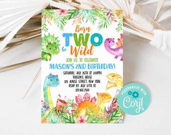 Editable Dinosaur Born Two Be Wild Birthday Invitation, Dino 2nd Birthday Party Invite Template