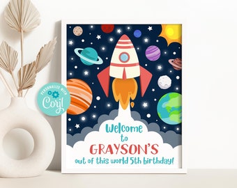 Editable Space Birthday Welcome Sign, Rocket Ship Solar System Birthday Signs, Out Of This World Birthday Welcome Sign