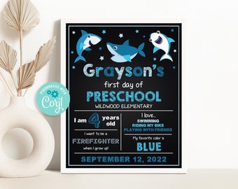 Shark 1st Day of Preschool Chalkboard Sign, Editable Boy First Day of School Sign Template, Any Grade