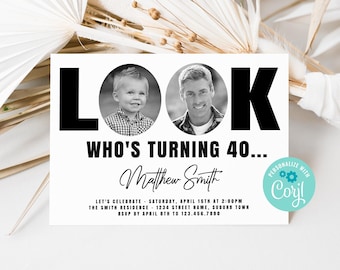 Men's 40th Birthday Invitation: Photo Editable Black & White Template