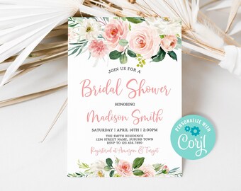 Editable Blush Floral Bridal Shower Invitation, Pink Flower Bridal Shower Invite Template