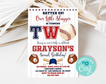 Editable Baseball 2nd Birthday Party Invitation, Little Slugger Birthday Invite Template