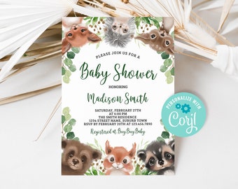 Editable Woodland Baby Shower Invitation, Forest Animals Baby Shower Invite, Deer Fox Bear Raccoon Hedgehog Squirrel