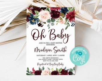 Editable Burgundy Baby Shower Invitation, Navy Marsala Floral Baby Shower Invite, Burgundy Blush Floral Baby Shower Template