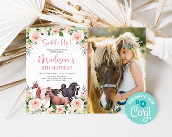 Editable Horses Birthday Invitation with Photo, Cowgirl Birthday Party Invite, Floral Horse Birthday Invitation Template