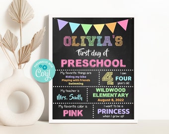 1st Day of Preschool Chalkboard Sign, Editable First Day of School Sign, Girl Back to School Sign Template, Any Grade