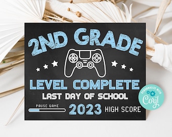 Gamer Last Day of 2nd Grade Sign, Video Game Last Day of Second Grade Chalkboard Sign, Level Complete Sign, Editable School Sign