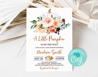 Editable Pumpkin Fall Baby Shower Invitation, Orange Floral Baby Shower Invite, Little Pumpkin Baby Shower Invitation