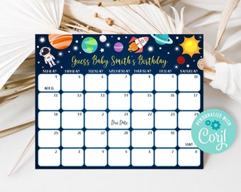 Editable Outer Space Baby Due Date Calendar: Galaxy Baby Shower (Digital Download)