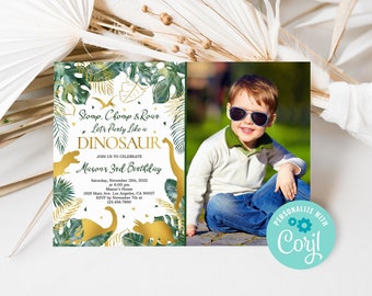 Editable Dinosaur Boy Birthday Invitation, Dino Birthday Party Invite, Gold Dinosaurs Birthday Invitation Template