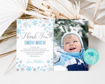 Blue Winter Thank You Card with Picture Winter Onederland Birthday Boy Decorations Blue Snowflake Thank You Card Editable Template