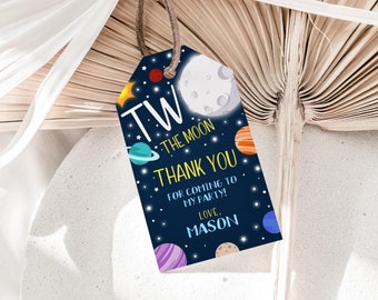 Editable Two The Moon Birthday Favor Tag, Outer Space Birthday Thank You Tag, Planets Solar System Gift Tag