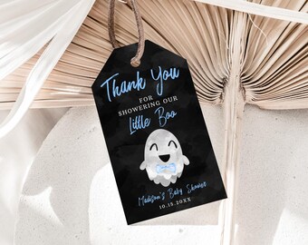 Editable Little Boo Boy Baby Shower Favor Tag, Ghost Baby Shower Thank You Tag, Halloween Boy Baby Shower Gift Tag