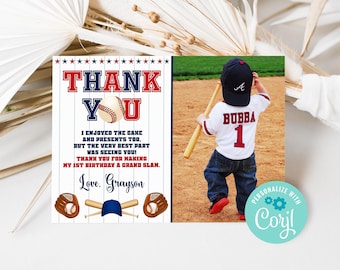 Editable Baseball Birthday Party Thank You Card With Photo