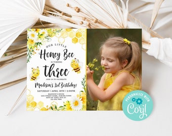 Editable Bee Birthday Invitation, Little Honey Bee 3rd Birthday Party Invite, Bumble Bee Birthday Template