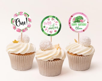 Pink Watermelon 1st Birthday Cupcake Toppers, One in a Melon Birthday Party Decorations Editable Template