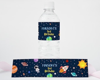 Editable Space Birthday Bottle Label, Astronaut Birthday Party Decorations, Planets Birthday Water Label Printable Template