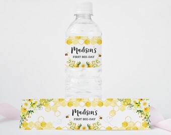 Editable First Bee Day Water Bottle Labels Honeycomb Daisy 1st Birthday Corjl Template