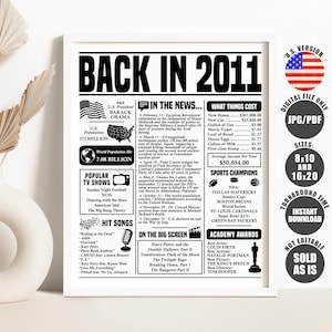 May include: A framed black and white print titled "BACK IN 2011" with information about the year, including news, sports, and popular culture. The print includes the U.S. flag and is available in 8x10 and 16x20 sizes.