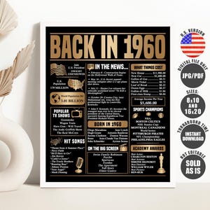 1960 Year You Were Born Poster: Gold Back in 1960 Sign (Digital Download)