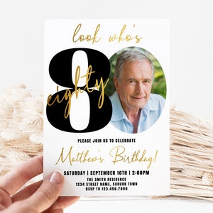 80th Birthday Invitation for Men: Photo Editable Template