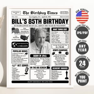 May include: A framed newspaper-style poster titled The Birthday Times, dated April 24, 1941, featuring a black and white portrait of a man, historical facts, popular books, hit songs, and sports champions from 1941, with text Bill's 85th Birthday.