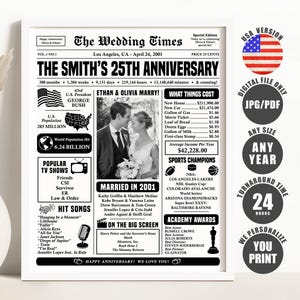 May include: A framed black and white newspaper print celebrating the Smith's 25th Anniversary. The print includes a photo of the couple, details of their wedding, and popular culture references from 2001. The print is a digital file.