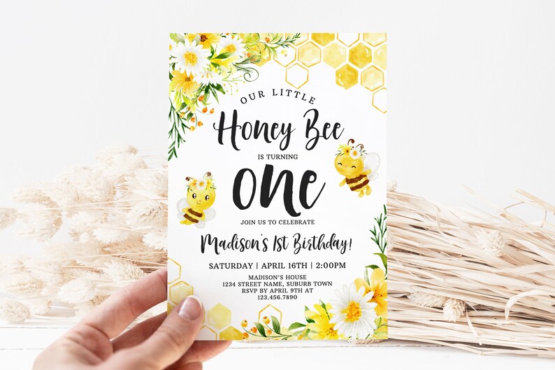 Editable Honey Bee First Birthday Invitation Template Floral Girl Corjl ...