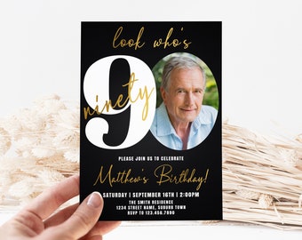 90th Birthday Invitation for Men: Photo Editable Template