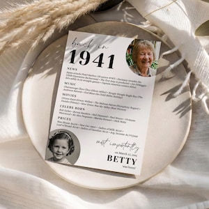 Puede incluir: Una tarjeta blanca con el texto "back in 1941" y una lista de noticias, música, películas, celebridades nacidas y precios. La tarjeta incluye dos fotos en blanco y negro de una mujer y una niña. También se incluye el texto "most importantly" y "BETTY was born!"