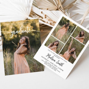 May include: Graduation party invitation with a collage of photos of a young woman in a peach dress. The invitation includes the text "Join us for a graduation party honoring Madison Smith" and the date and time of the party.
