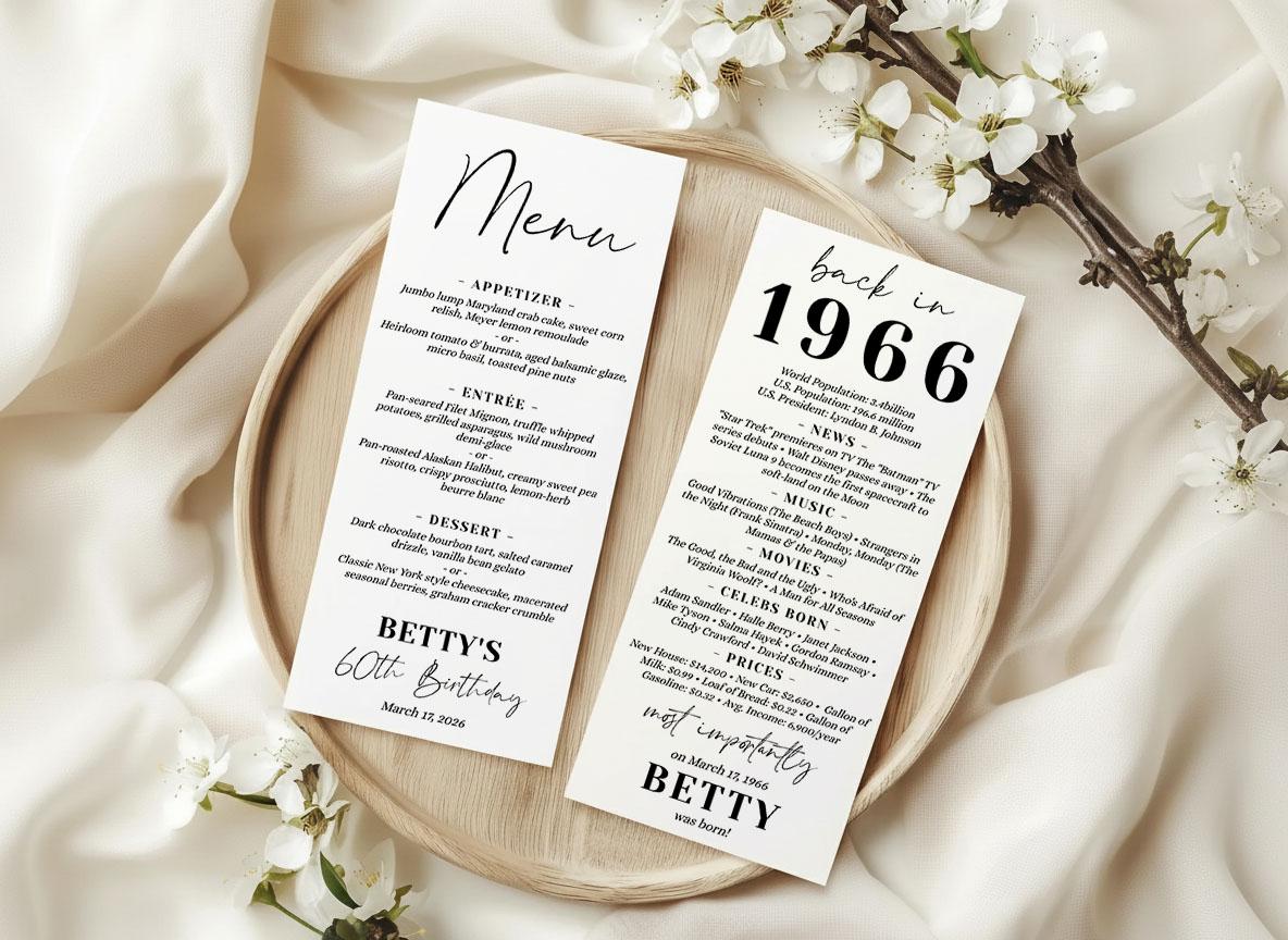 60th Birthday Menu Card, Back in 1966 Trivia Template, Editable 4x9 ...