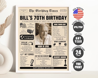 70th Birthday Newspaper Poster: Back in 1956 Sign (Digital Download)