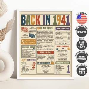 May include: A framed poster titled BACK IN 1941 featuring a beige background with multi-coloured text and graphics. It displays historical facts, news, popular books, hit songs, sports champions, and academy awards from the year 1941 in a grid layout.