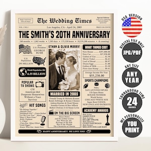 20th Wedding Anniversary Newspaper Poster, 2005 Anniversary Gift, Married in 2005 Sign, 20th Anniversary Decorations Printable