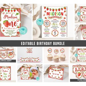 Strawberry 1st Birthday Invitation Bundle, Berry First Birthday Party Package, Strawberry Party Decorations Printable Template