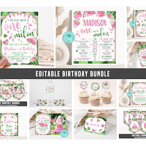 Pink Watermelon 1st Birthday Bundle, One in a Melon Birthday Party Invitation Package, Girl Watermelon Birthday Party Decorations Editable