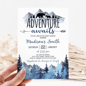 Mountain Adventure Baby Shower Invitation: Navy Blue Woodland (Editable)