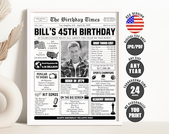Back in 1979 Poster, 45th Birthday Newspaper Sign, 45th Birthday Gift, What Happened in 1979 Printable Digital Download